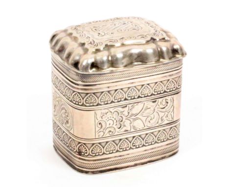A Dutch silver box, circa 1840, for snuff or pills, engraved and stepped hinged lid, the sides with bands of leaf scroll and 
