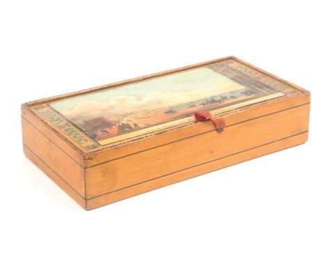 An early Tunbridge ware whitewood paint and print decorated rectangular box, the pin hinge lid with a colour print titled 'Ch
