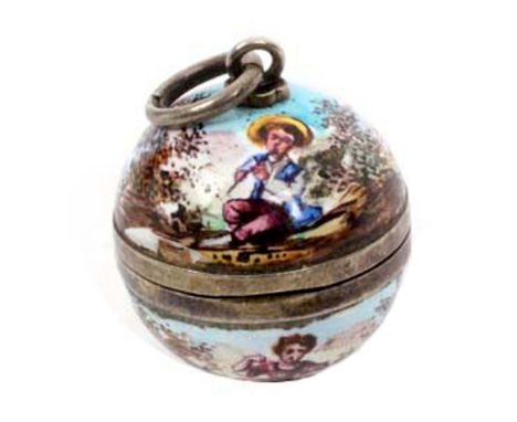 A small Viennese enamel ball form vinaigrette, attractively decorated with male and female figures in open landscape, pierced