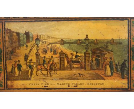 An early Tunbridge ware whitewood, print and paint decorated sewing box, of rectangular form, the front with five reel holes,