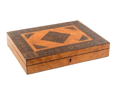 A Tunbridge ware burr maple rectangular box, of shallow form, the lid with central diamond panel of stick ware and corner spa