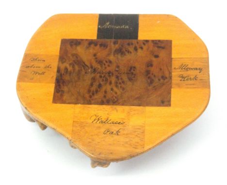 A fine Scottish burr wood inlaid snuff box of irregular shape, the lid with wooden hinge and inlaid with ink titled specimen 