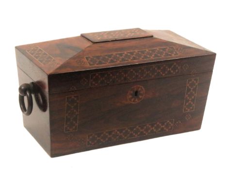 A Tunbridge ware rosewood tea caddy, of sarcophagol form, the front and lid with rectangular and circular panels of stick war