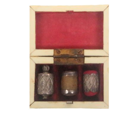 A cased silver sewing trio, circa 1840, the rectangular case in geometric panels of smoked and plain mother of pearl, the vel