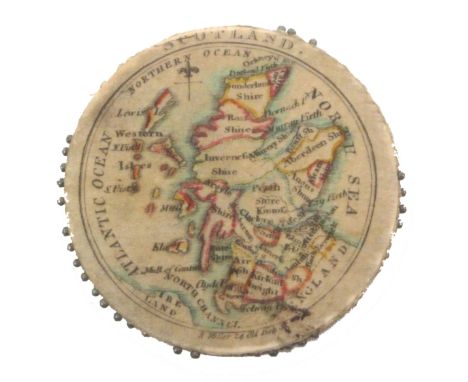 A rare silk pin disc one side with a colour printed map of Scotland, the obverse England, the former inscribed to edge 'R. Mi