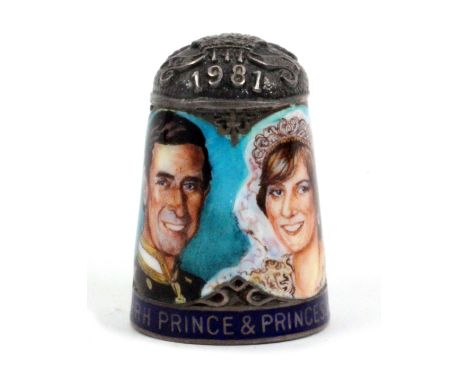 A Royal commemorative silver and enamel thimble by Peter Swingler, The Wedding of HRH Prince and Princess of Wales, fleur de 