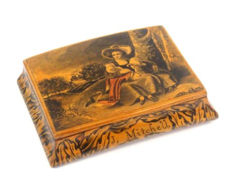 A Scottish sycamore snuff box, wooden hinge, rectangular of slightly curved form with ogee sides, the lid in penwork and pain