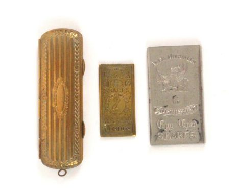 Two Avery type needle packet cases and another, comprising a brass example 'The Golden Needle Case - 8 - Sharps - Cook Son an