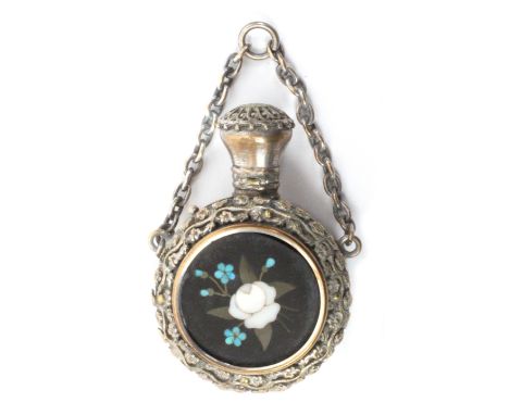 An Italian 19th Century glass scent bottle in pietra dura mounted case, the case in plated metal, the hinged cover with a pan