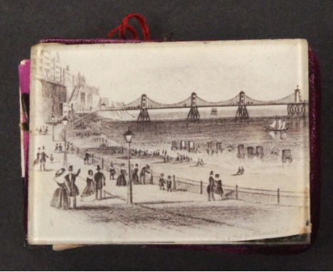 A Brighton trade tape measure / needle book / pin cushion, of rectangular form, the glass covers with reverse prints of the p
