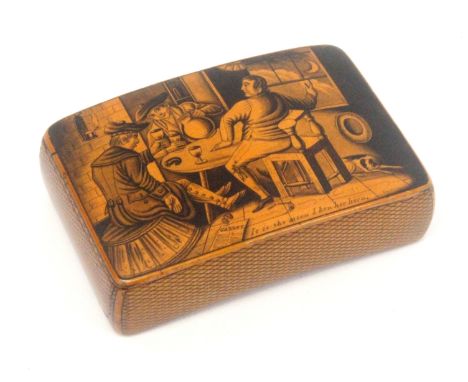 A Scottish sycamore snuff box, wooden hinge, rectangular of curved form, the lid in penwork with three figures around a taver