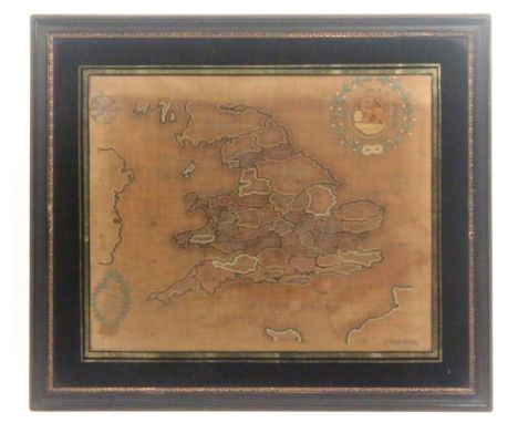 A sampler map of England and Wales 'Mary Woresays Work 1805', named counties, coast of France and Ireland, compass, lion and 