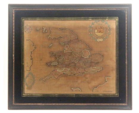 A sampler map of England and Wales 'Mary Woresays Work 1805', named counties, coast of France and Ireland, compass, lion and 