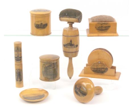 Mauchline ware - eight pieces, sewing, comprising a pin cushion in the form of a knife grinder (Marine Parade, Clacton-on-Sea