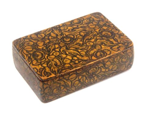 A Scottish sycamore snuff box, wooden hinge, rectangular with all over penwork pattern of thistles and roses with leaves, foi