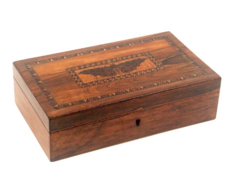 A Tunbridge ware rosewood card box, of rectangular form, the lid with central mosaic panel of a moth within double stick ware