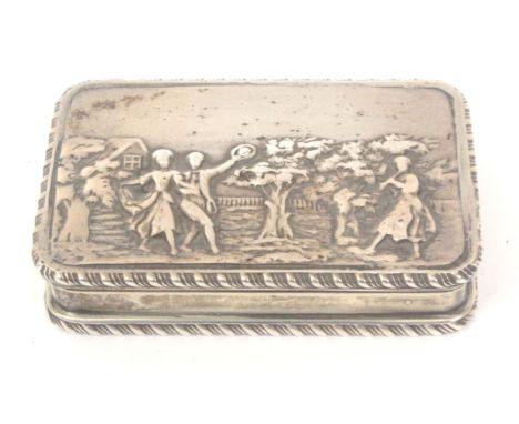 A silver snuff box, of rectangular form with rope borders, the lid with figures dancing in a garden, a cottage beyond, intern