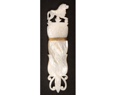 A fine carved and pierced mother of pearl Palais Royal needle case, the lower section leaf carved and with pierced anthemion 