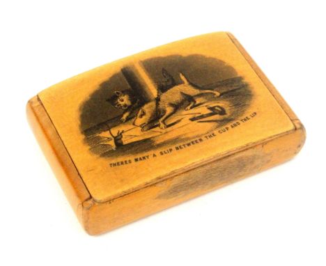 A Scottish sycamore snuff box, wooden hinge, rectangular, the lid with transfer titled 'There's Many A Slip Between The Cup A