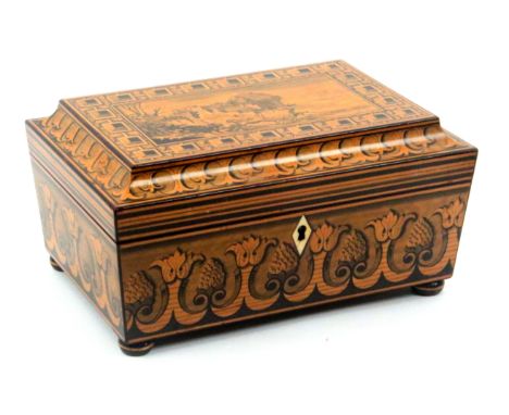 A fine whitewood and pen decorated card box with matching cribbage board probably relating to the early Tunbridge trade, of s