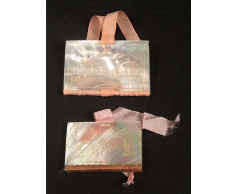 Two mother of pearl needle books, one engraved to each cover with a cottage within post and rail fence, replacement spine, ri