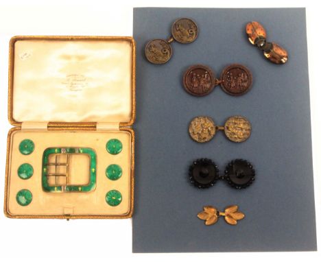 Buckles and buttons, comprising a cased set of six silver and enamel buttons together with damaged matching buckle, Birmingha