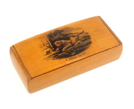 A Scottish sycamore snuff box, wooden hinge, rectangular, the lid with transfer heightened with colour of a dog after a rat a