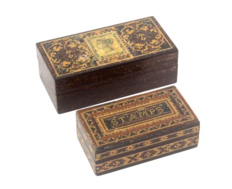 Two Tunbridge ware stamp boxes, comprising a rectangular example in geometric mosaic, the lid with 'STAMPS' in mosaic, 6.2cms