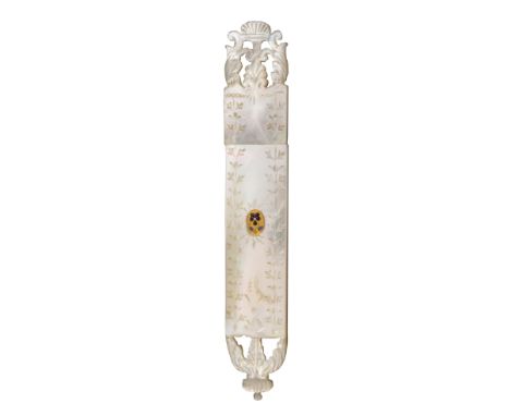 A fine Palais Royal mother of pearl needle case, the rectangular body with leaf engraved borders, one side with oval gilt met