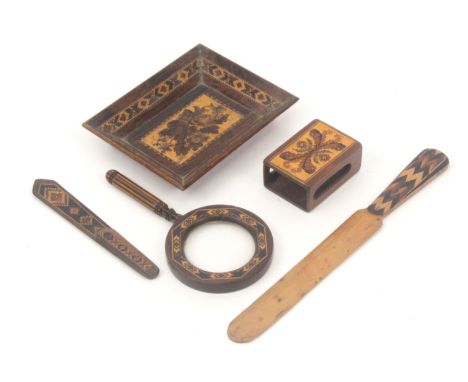 Tunbridge ware - five pieces, comprising a small rosewood rectangular tray with floral mosaic panel, the canted sides in geom