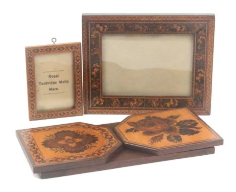 Two Tunbridge ware picture frames and a book slide, comprising a rectangular frame with bands of floral and geometric mosaic,