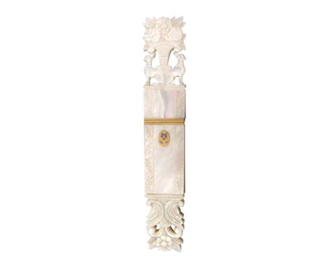 A fine Palais Royal mother of pearl needle case, the rectangular body with leaf engraved borders, one side with oval inset gi