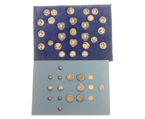 Buttons - mostly silver 19th Century and later, comprising a display of twenty seven, including a set of six heart shaped, a 
