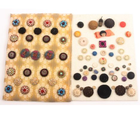 Buttons - various, comprising a display of fifty seven cloth and related buttons, including a set of six embroidered, a passe