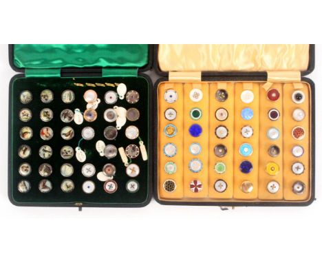 Two early 20th Century travelling salesman sample display cases of waistcoat buttons, each in black leather fitted case, one 