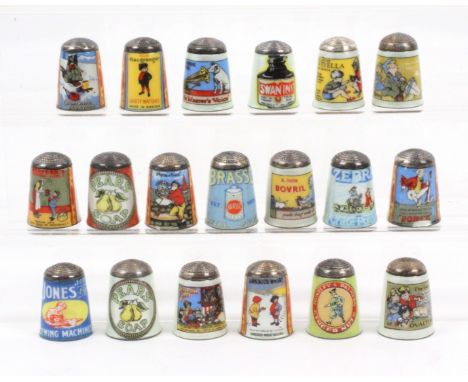 Nineteen English silver enamel thimbles by James Swann and Son, all featuring vintage adverts, one with slight loss at rim.&n