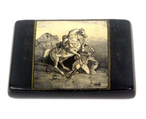 A Scottish sycamore snuff box, wooden hinge, rectangular, the slightly curved lid with monochrome painted panel titled 'Cheva
