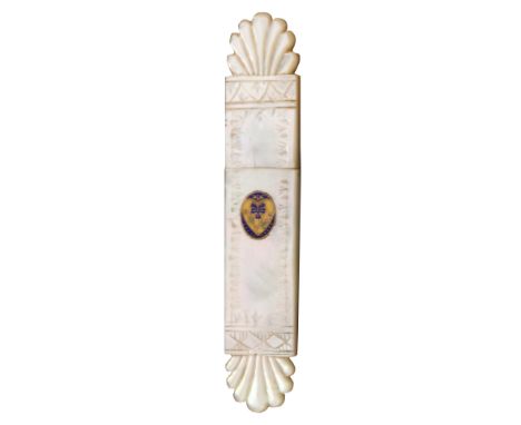 A Palais Royal mother of pearl needle case, of rectangular section and form, the body with cut border, one side inset with ov