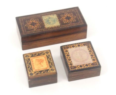 Three rosewood Tunbridge ware stamp boxes, comprising two single examples in geometric mosaic, one with purple 'Stamp', 'QV I