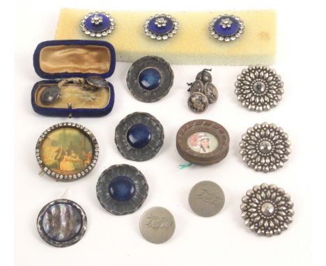 Buttons - a nice group, unmounted, comprising a set of three in blue enamel with paste centres and borders, 3cms, a large lit