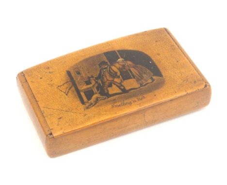 A Scottish sycamore snuff box, wooden hinge, rectangular, the lid with colour heightened transfer titled 'Smelling A Rat', 7.