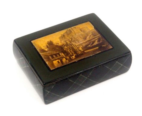 A Scottish Tartan ware snuff box, wooden hinge, of rectangular form, the lid with a sepia photograph of Edinburgh Castle from