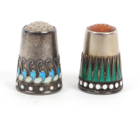 Two Norwegian silver and enamel thimbles, comprising an example with carnelian top in the 'peaks and dot' pattern by Marius H
