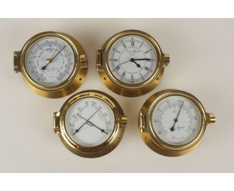 Schiffsuhr und maritime Instrumente, Benora Hamburg Messing verglast, bestehend aus einer Uhr mit Quarzwerk, Barometer, Therm