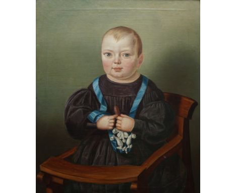 anonyme/r Künstler/in des Biedermeier, "Porträt eines Kleinkindes mit blauer Schärpe und Rassel", Öl/Lwd. gerahmt, Gesamt-HxB