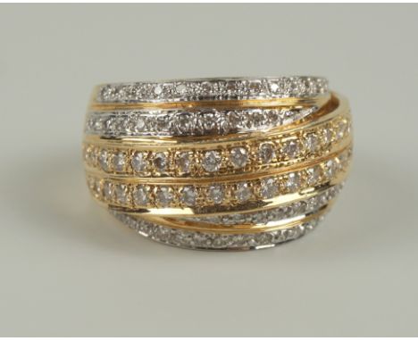 Ring mit 88 Diamant-Brillanten, 585er Tricolor-Gold, mit Zertifikat Gew.12,36g, sechsreihig mit Brillanten besetzter Ringkopf