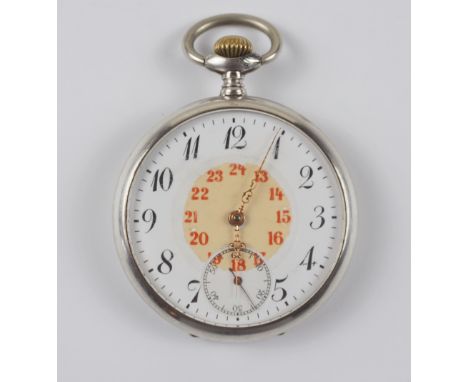 silberne Taschenuhr Junghans Kal. J9, um 1910/1920gest. 0,800, guillochierter Rückdeckel mit Wappenkartusche, mech.Werk mit A