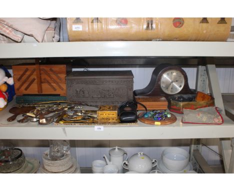 A cased three hole mantel clock; a cantilever sewing box and contents; a solitaire board; various marbles; dominoes; silver p