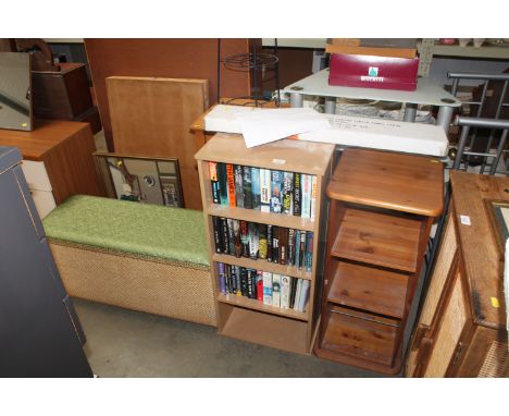 A pine chest fitted with four long drawers, of narrow proportions together with an upholstered ottoman, fire screen, two mode