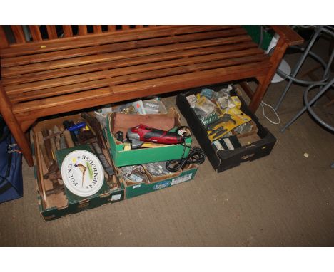 Four boxes of various hand tools, an Einhell grinder, various wood churning chisels, hammers, fittings